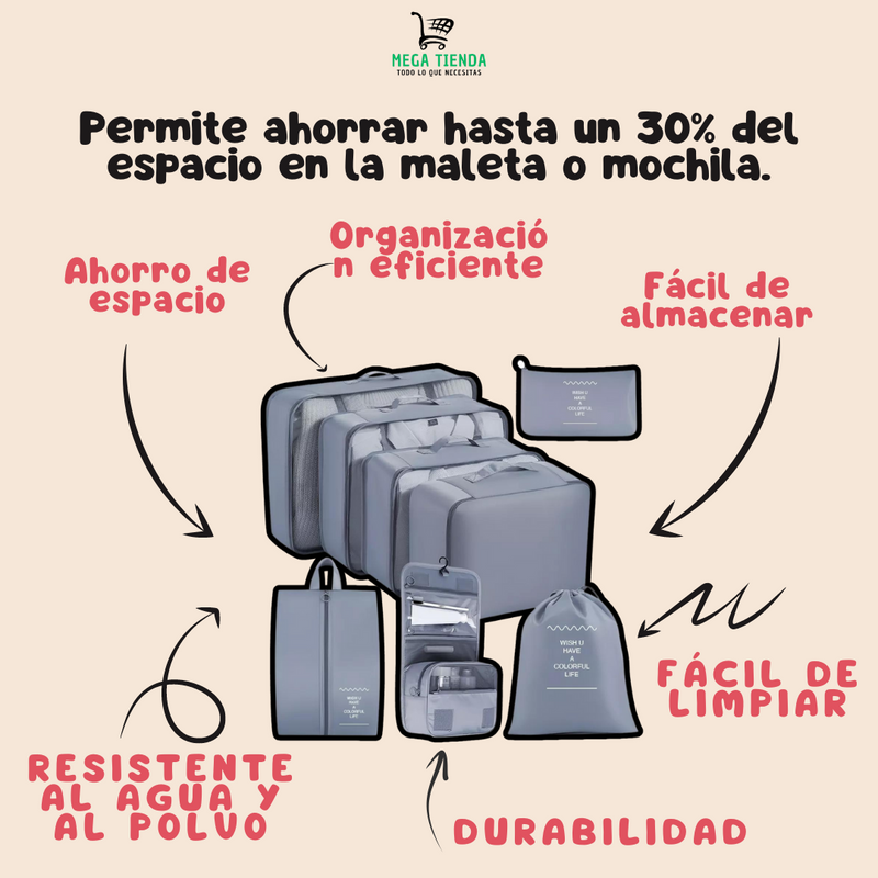 Set 8 Piezas Organizador de Maletas™️ Organización eficiente + Resistente al agua